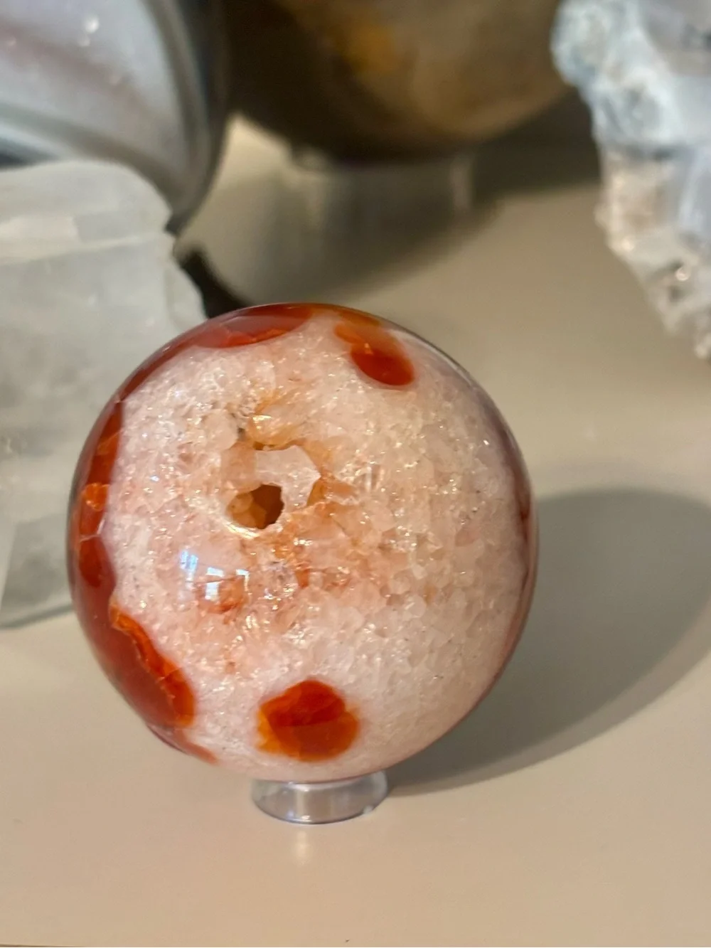Red Ocean Jasper Sphere with Druzy Pockets – Orbicular Crystal Sphere w Stand